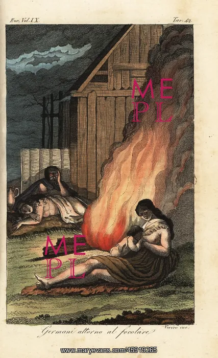 : Ancient Germanic family sleeping around a hearth : Ancient Germanic family sleeping around a hearth