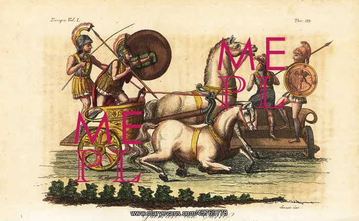 : Ancient Greek warriors with painted shields riding a biga : Ancient Greek warriors with painted shields riding a biga