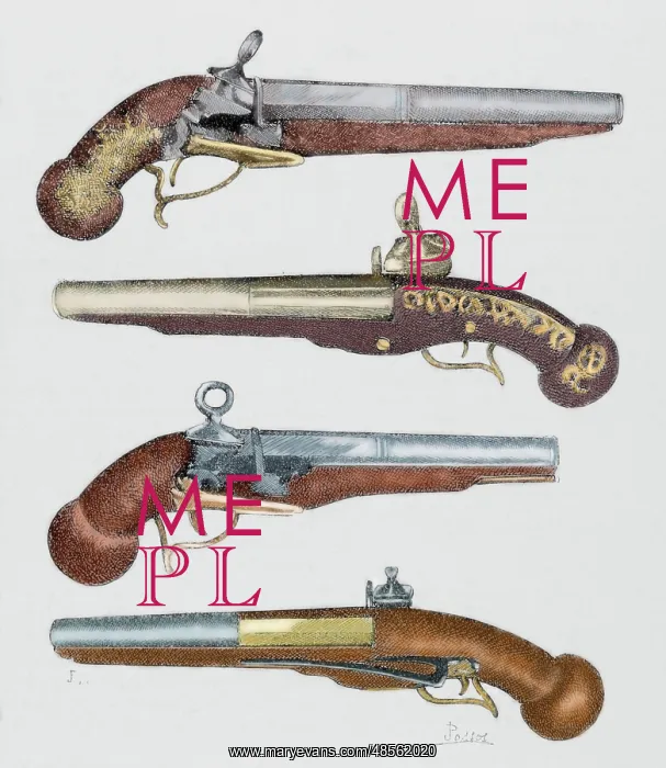 : Ancient pistols. 18th century. Colored engraving : Ancient pistols. 18th century. Colored engraving
