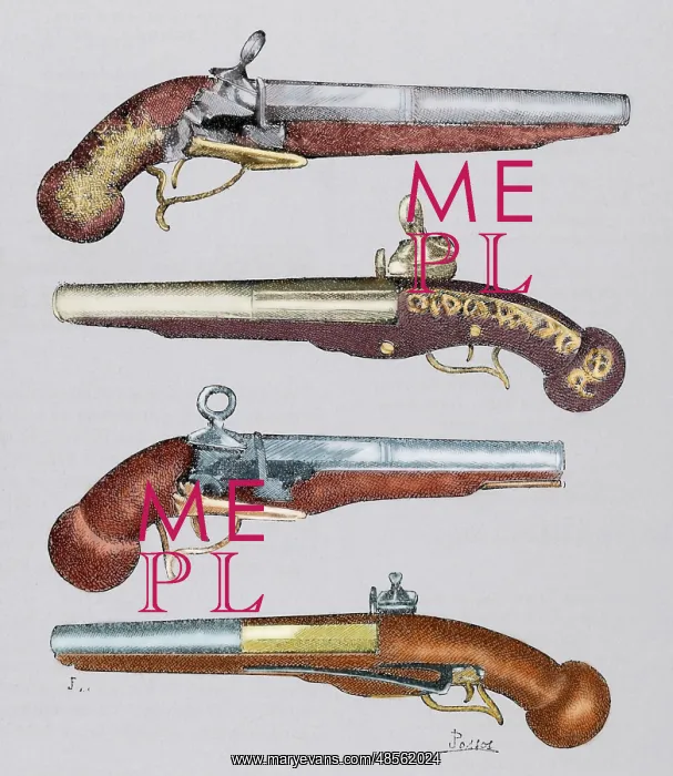 : Ancient pistols. 18th century. Colored engraving : Ancient pistols. 18th century. Colored engraving