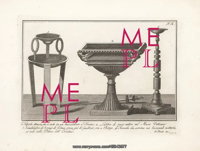 : Ancient tripod, bath, candelabra and torch : Ancient tripod, bath, candelabra and torch