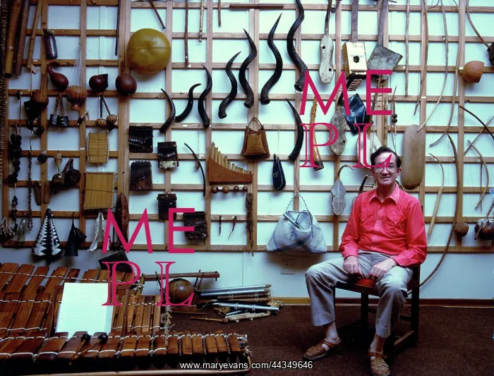 : Andrew Tracey with instrument wall, ILAM, Rhodes University : Andrew Tracey with instrument wall, ILAM, Rhodes University