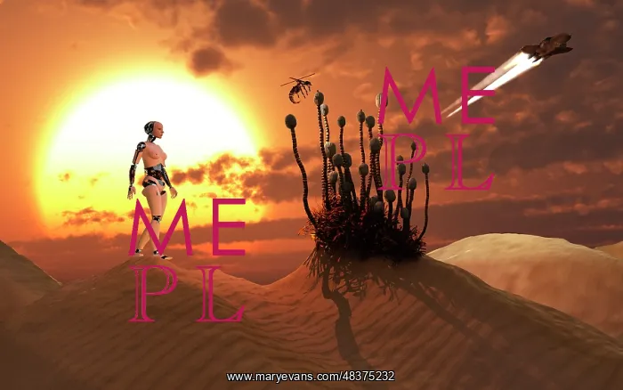 : An android harvesting a rare plant on a desert alien world : An android harvesting a rare plant on a desert alien world