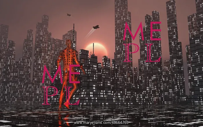 : An android walking through a futuristic city : An android walking through a futuristic city