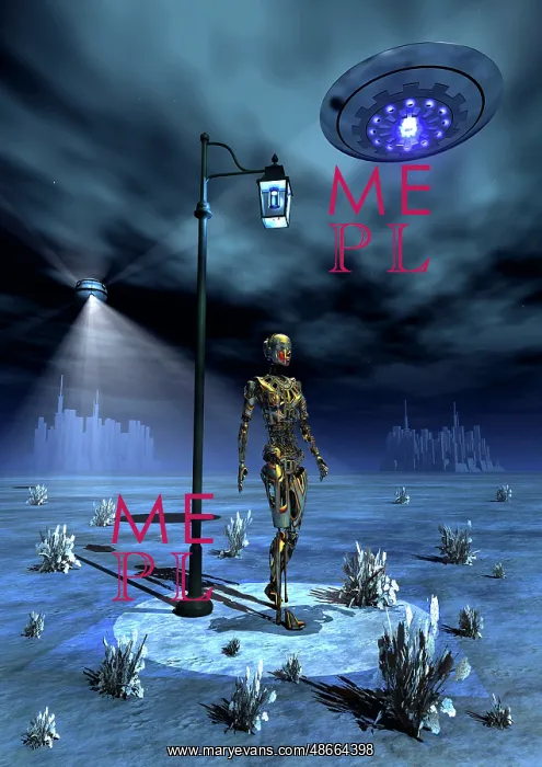: An android walking under an old-fashioned street light : An android walking under an old-fashioned street light