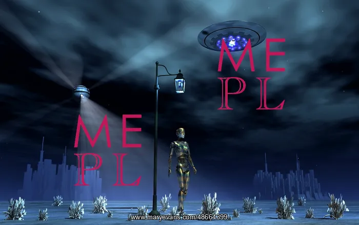 : An android walking under an old-fashioned street light : An android walking under an old-fashioned street light