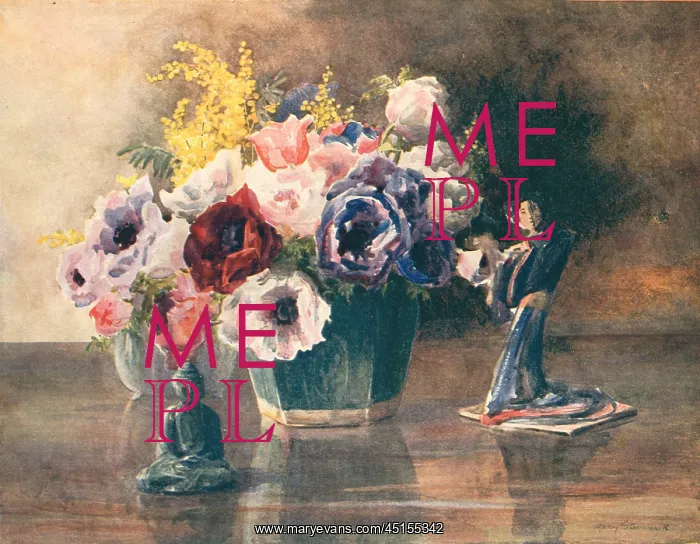 : Anemones. A still life painting of a vase of multicoloured anemone flowers : Anemones. A still life painting of a vase of multicoloured anemone flowers