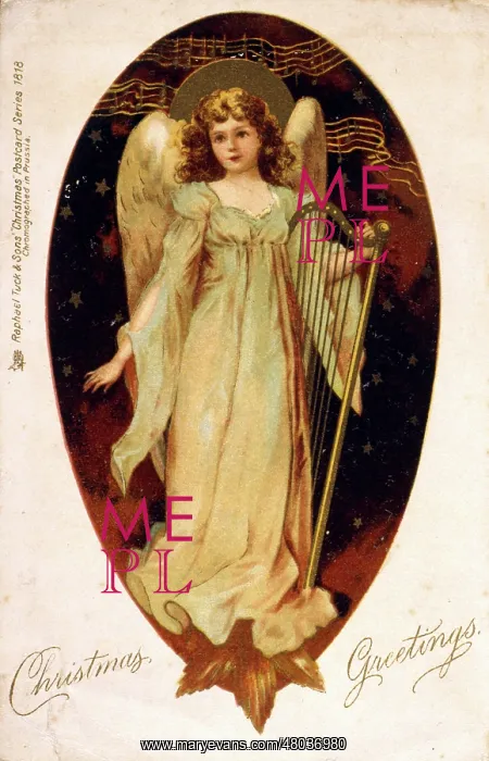  : Angel with a harp on a Christmas card