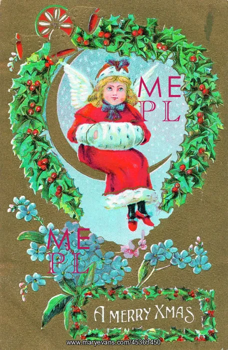 : Angel with holly on a Christmas postcard : Angel with holly on a Christmas postcard