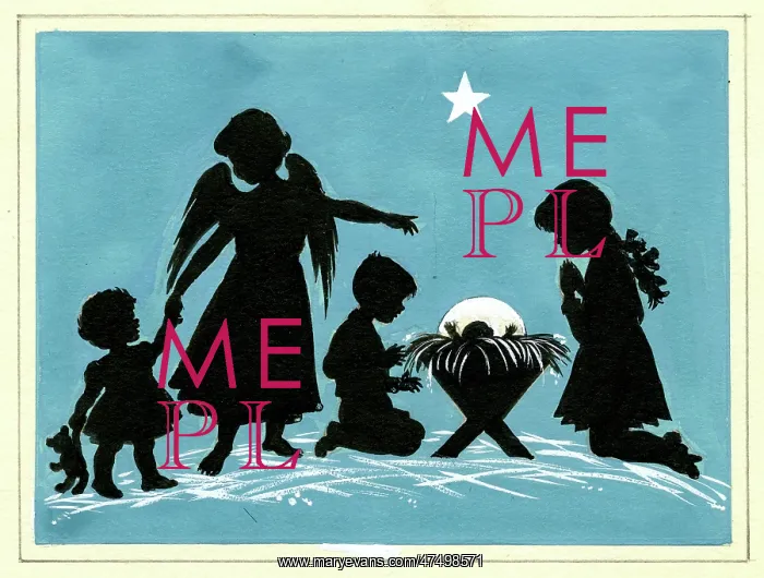 : Angel with two little children by the manger : Angel with two little children by the manger