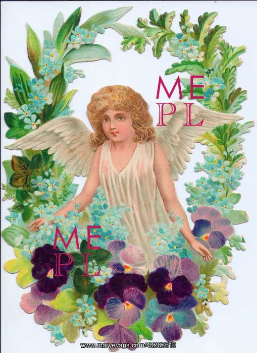 : Angel surrounded by flowers on a Victorian scrap : Angel surrounded by flowers on a Victorian scrap