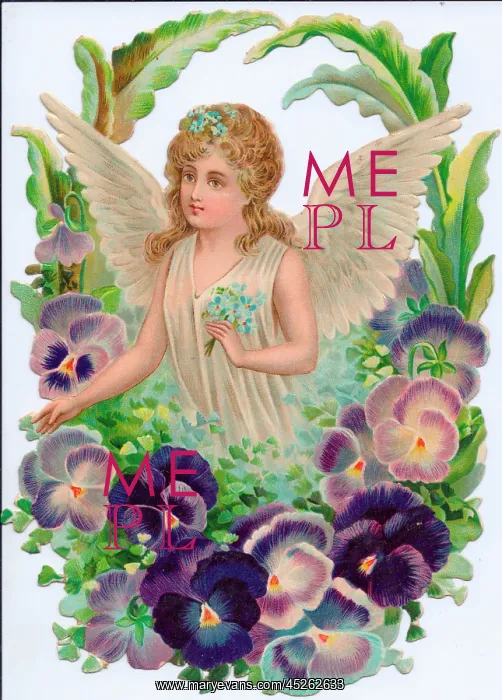 : Angel surrounded by flowers on a Victorian scrap : Angel surrounded by flowers on a Victorian scrap