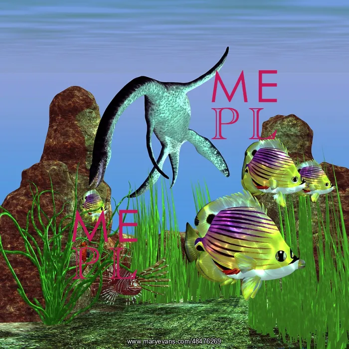 : Angelfish try to swim out of the reach of a Plesiosaurus ? : Angelfish try to swim out of the reach of a Plesiosaurus ?