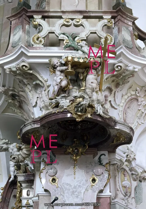 : Angel. angels, angels with chalice and cross over ceiling of pulpit : Angel. angels, angels with chalice and cross over ceiling of pulpit