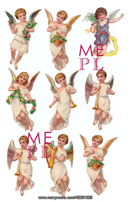 : Angels with flowers and instruments on nine Victorian scraps : Angels with flowers and instruments on nine Victorian scraps