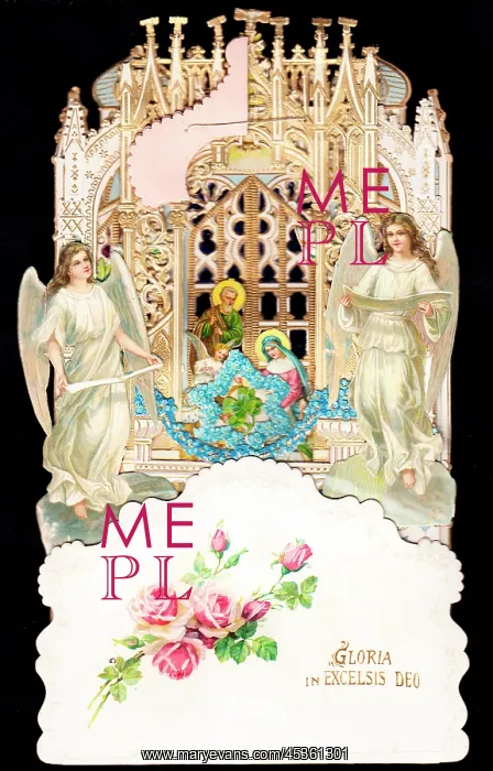 : Two angels with nativity scene on a Christmas card : Two angels with nativity scene on a Christmas card