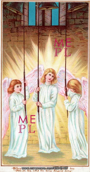  : Three angels ringing bells on a Christmas card