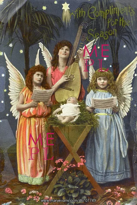 : Three angels sing around crib - Kitsch Christmas postcard : Three angels sing around crib - Kitsch Christmas postcard