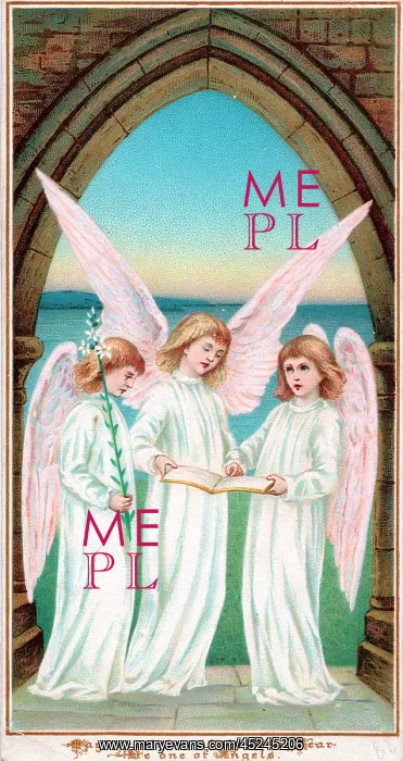  : Three angels singing on a New Year card