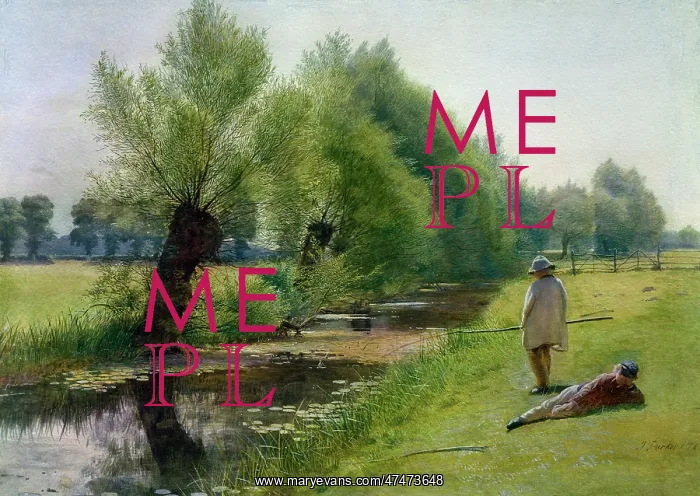 : Angling scene with two figures on riverbank : Angling scene with two figures on riverbank