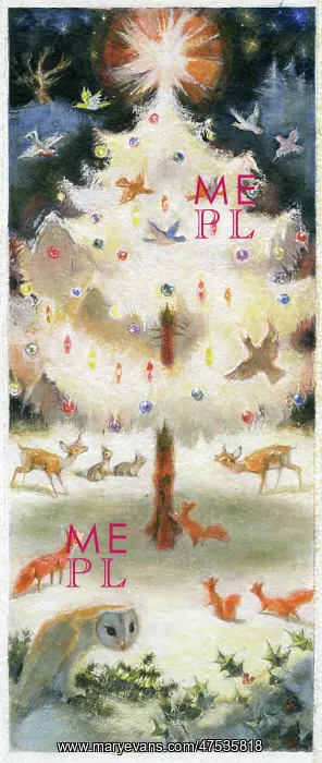 : Animals and birds round Christmas tree : Animals and birds round Christmas tree