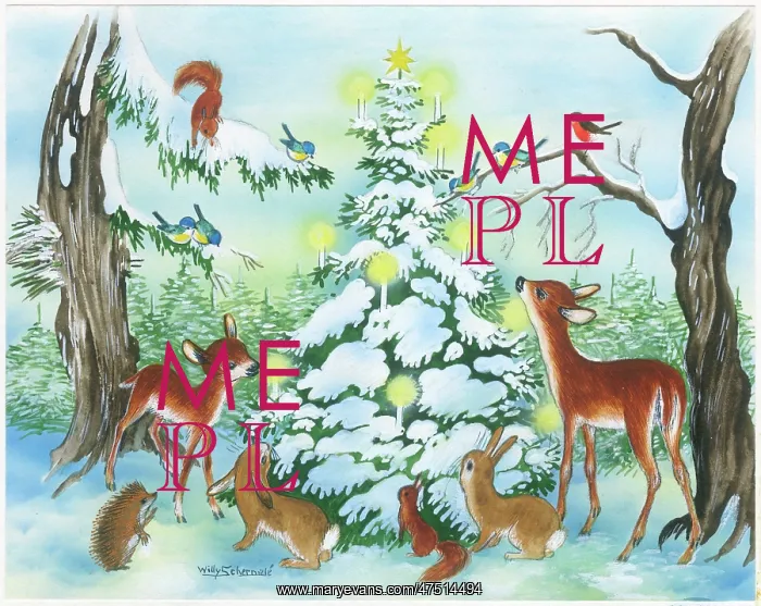: Animals around a Christmas tree in the snow : Animals around a Christmas tree in the snow