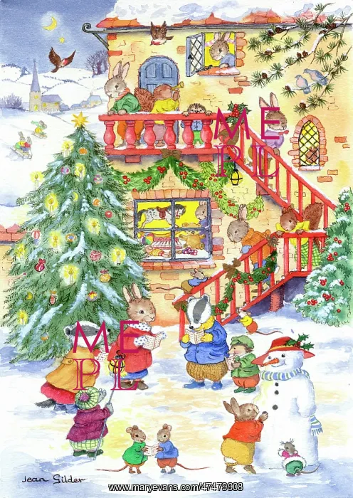 : Animals with Christmas tree and snowman : Animals with Christmas tree and snowman