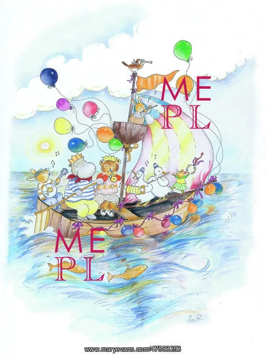 : Animals with musical instruments on a boat : Animals with musical instruments on a boat