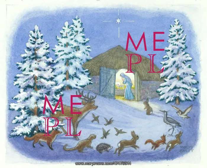 : Animals in the snow looking at Mary and Jesus : Animals in the snow looking at Mary and Jesus