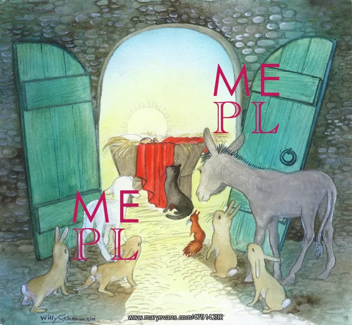 : Animals at the stable door gazing at the crib : Animals at the stable door gazing at the crib