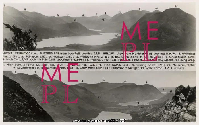 : Annotated postcard showing Lake District Peaks : Annotated postcard showing Lake District Peaks