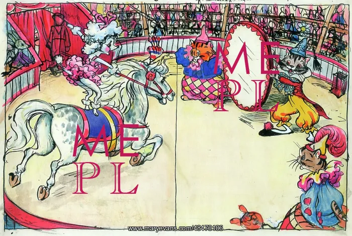 : Anthropomorphic cats and dogs perform in circus ring : Anthropomorphic cats and dogs perform in circus ring