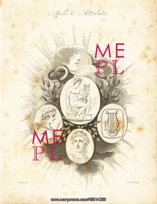 : Apollo, god of music and dance, and his attributes : Apollo, god of music and dance, and his attributes