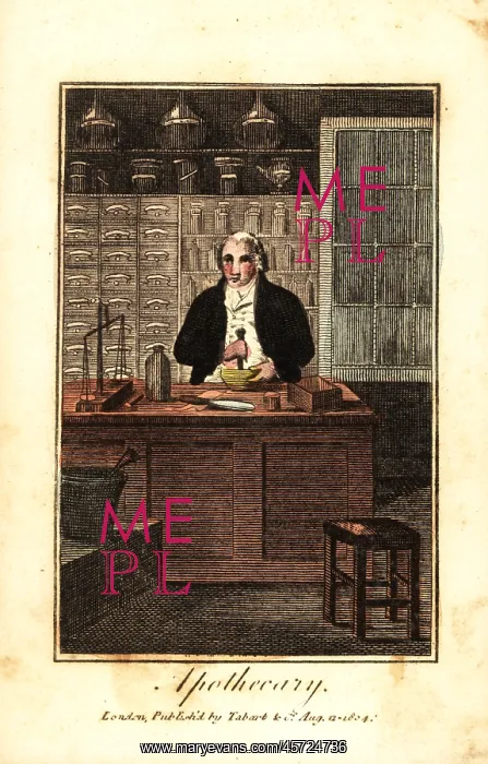 : Apothecary in his shop using a mortar and : Apothecary in his shop using a mortar and