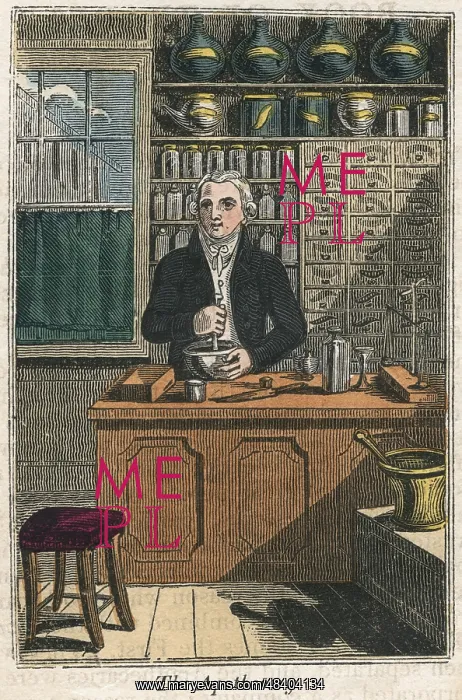 : The Apothecary using pestle and mortar to prepare : The Apothecary using pestle and mortar to prepare
