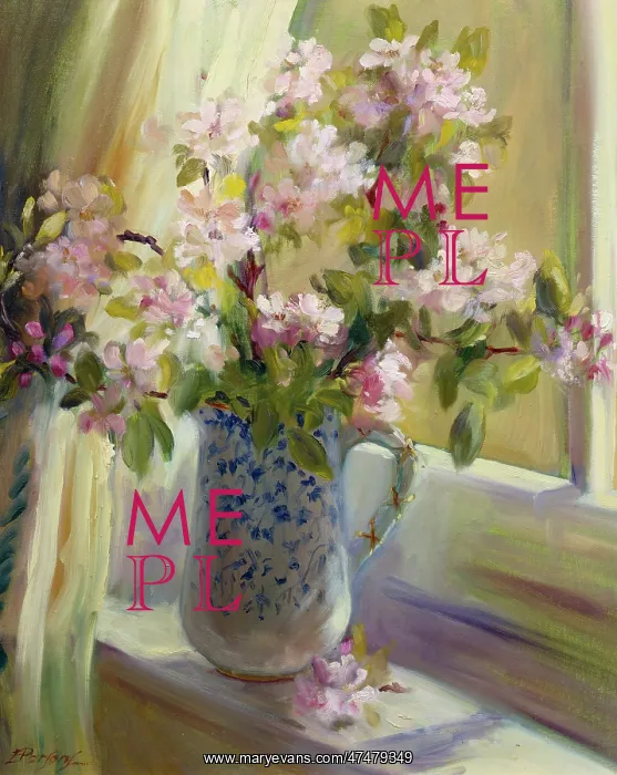 : Apple-blossom ' in a jug on a window sill : Apple-blossom ' in a jug on a window sill