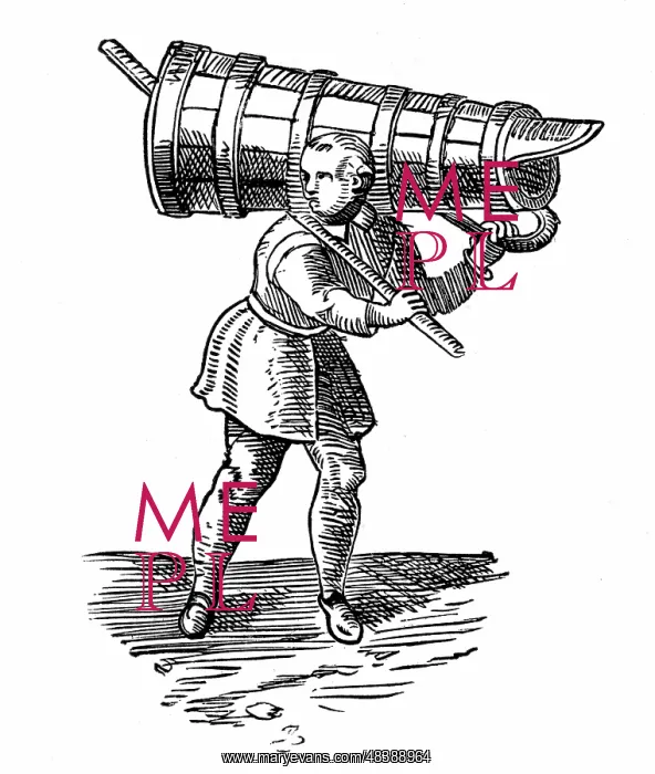 : An apprentice, carrying a vessel wooden as tall : An apprentice, carrying a vessel wooden as tall