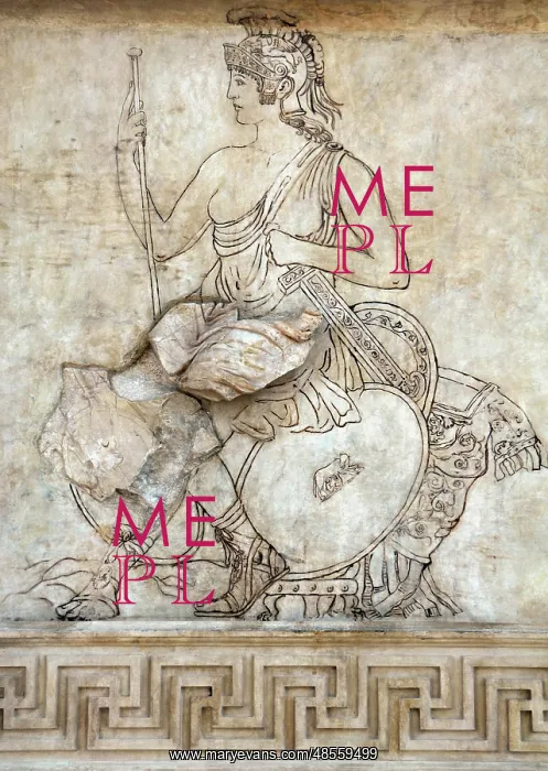 : Ara Pacis Augustae. Goddess Roma, sitting on a pile of troph : Ara Pacis Augustae. Goddess Roma, sitting on a pile of troph