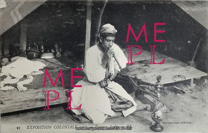 : Arab smoking hookah, 1907 Colonial Exhibition : Arab smoking hookah, 1907 Colonial Exhibition