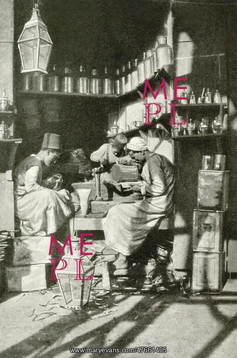 : Arab tinsmiths at work in a shop, Cairo, Egypt : Arab tinsmiths at work in a shop, Cairo, Egypt