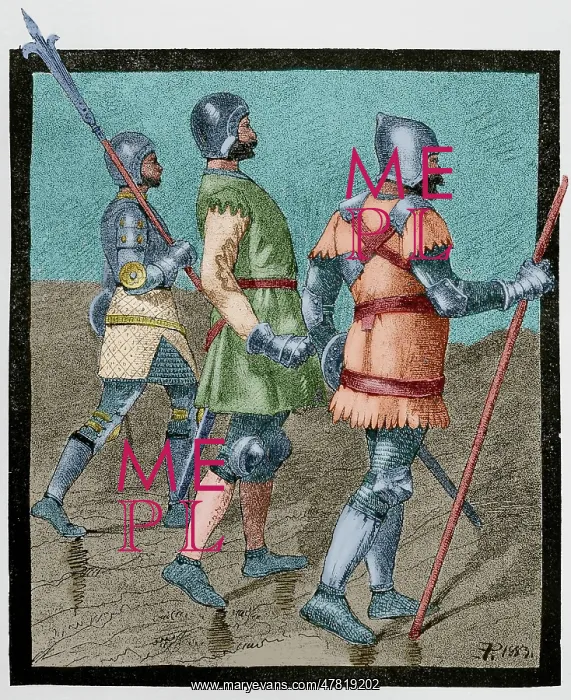 : Aragonese warriors (1390). Engraving from a tryptich : Aragonese warriors (1390). Engraving from a tryptich