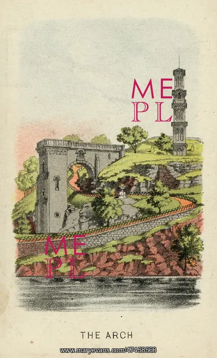 : The arch. Print shows a view of a memorial arch, stone retaining walls, and a tower, : The arch. Print shows a view of a memorial arch, stone retaining walls, and a tower,