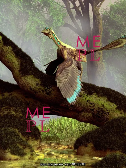 : An Archaeopteryx on a log above a stream : An Archaeopteryx on a log above a stream