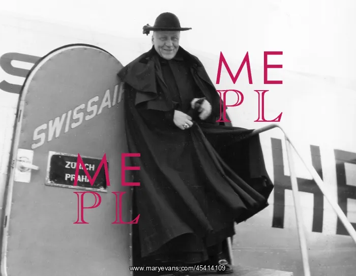 : Archbishop Josef Beran arrives by plane : Archbishop Josef Beran arrives by plane