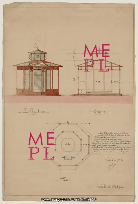 : Architectural drawing showing elevation, cross section, and : Architectural drawing showing elevation, cross section, and