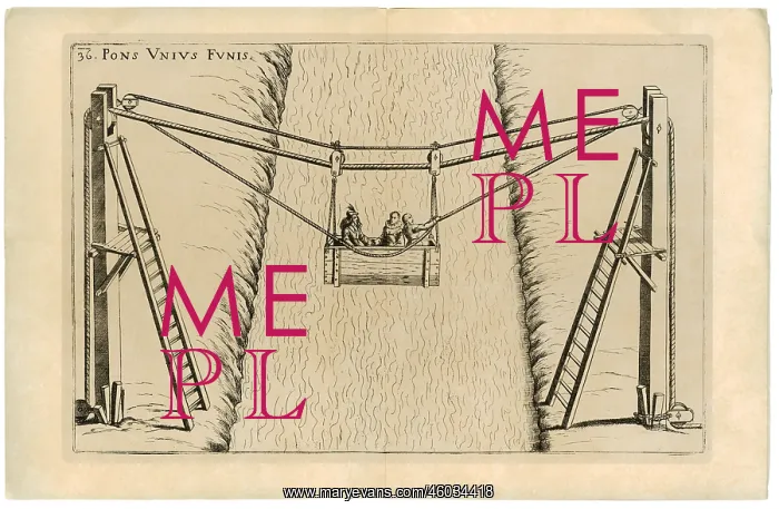 : architecture, bridges, rope bridge, copper engraving : architecture, bridges, rope bridge, copper engraving
