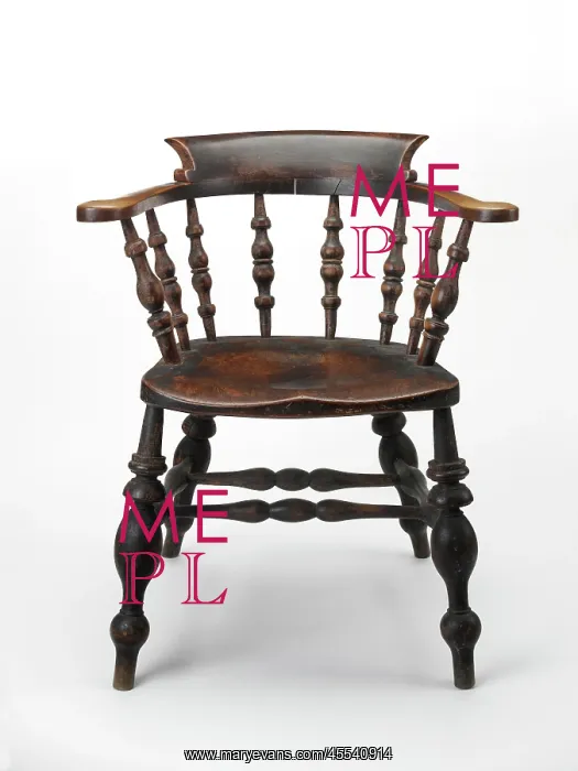 : Armchair. Windsor bow armchair or smoking chair stamped on the rear edge : Armchair. Windsor bow armchair or smoking chair stamped on the rear edge