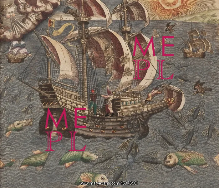 : An armed sailing ship encounters winged flying : An armed sailing ship encounters winged flying