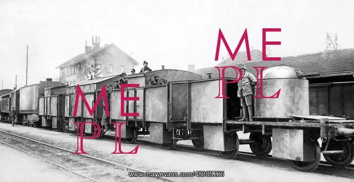 : Armored train made from altered freight cars : Armored train made from altered freight cars