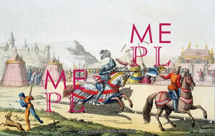 : Armoured knights jousting at a tournament. The : Armoured knights jousting at a tournament. The